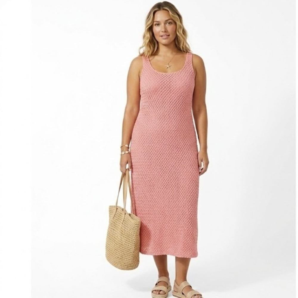 New Ava & Viv Women's‎ 1X Midi Peach Crochet Sleeveless Dress Vacation Resort